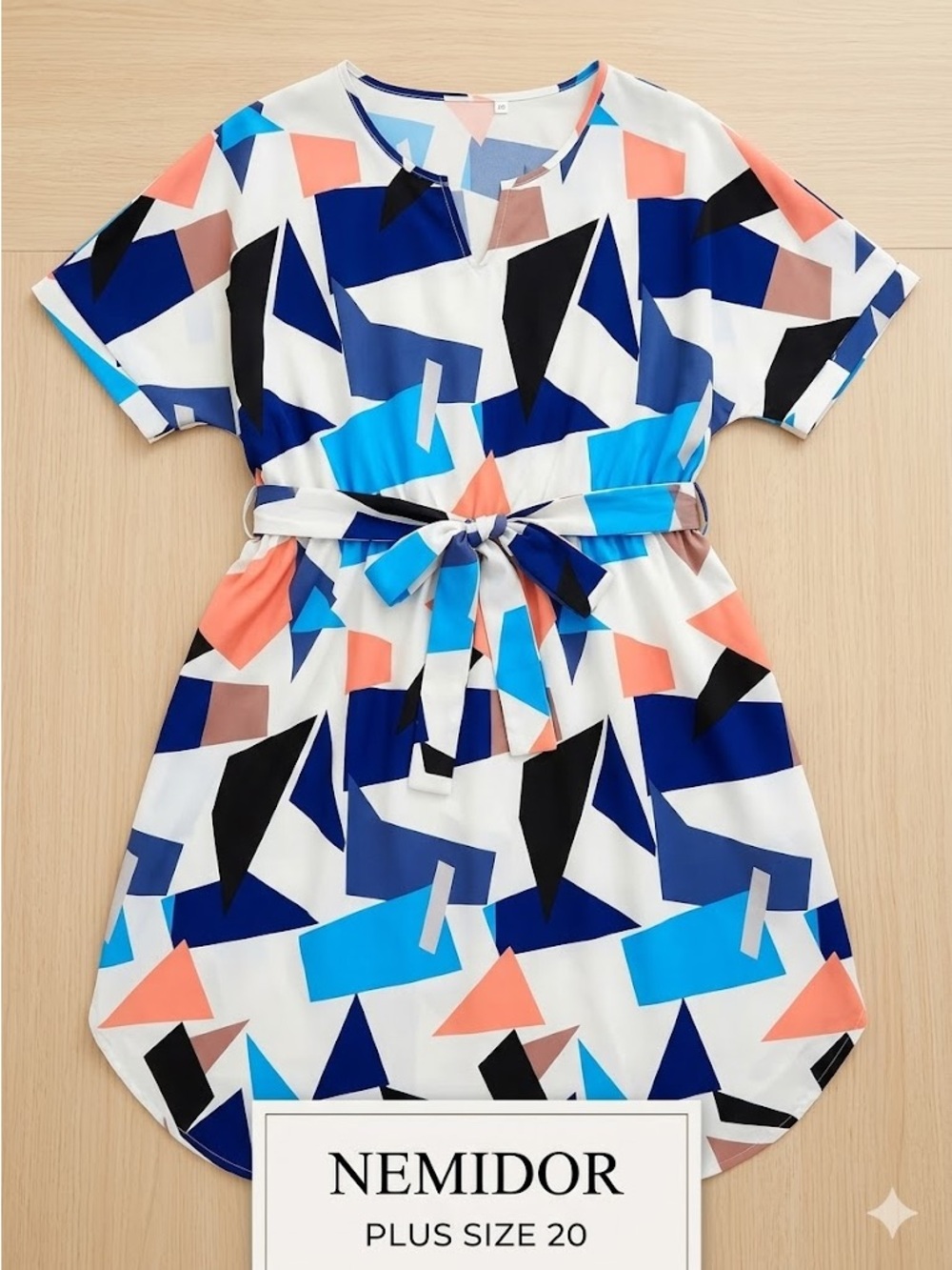 Nemidor Women’s Plus Size 20 Geometric Abstract Shift Dress with Belt